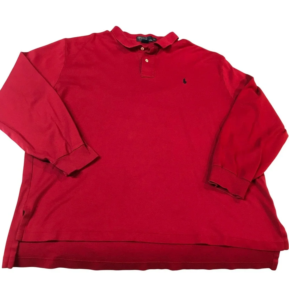 Polo Ralph Lauren Mens XL Red Long Sleeve Pique Polo Shirt Navy Blue‎ Pony Logo